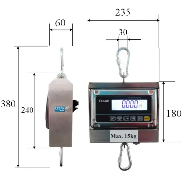 LESAK J1-RWS-IP, 30kg/10g, nerez (Závěsná/jeřábová voděodolná váha pro obchodní vážení s LCD displejem v nerezu)